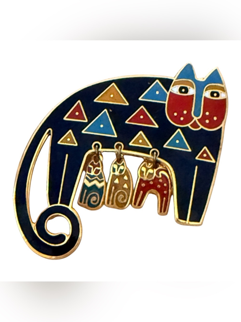 Vintage Laurel Burch Enamel Cat Brooch - Blue Geometric Triangle Feline Pin - Picture 4 of 4